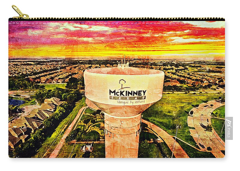 Water Tower Zip Pouch featuring the digital art Iconic water tower in western McKinney, Texas, at sunset by Nicko Prints