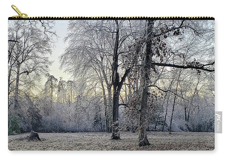 Historic Carry-all Pouch featuring the photograph Icy Morning at Silverbrook Gateway by GeeLeesa