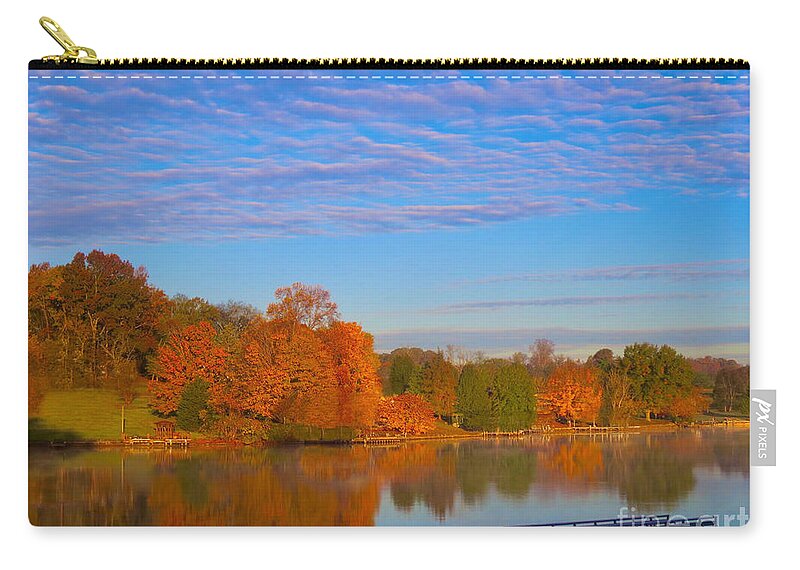 Autumnal Fall Tribute Red Blood Orange Golds Green Calm Sky Wispy Clouds Reflection Of Trees Lake Lake Scene Nature Scene Photographic Art Zip Pouch featuring the painting In One s Element While Capturing the Splendor of Autumn by Kimberlee Baxter