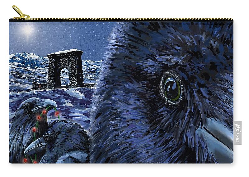 Raven Christmas Cards Carry-all Pouch featuring the digital art In the Eye of the Raven, For the Benefit and Enjoyment of the People by Les Herman
