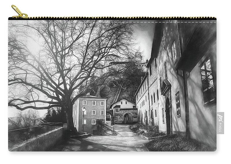 Salzburg Zip Pouch featuring the photograph In The Shadow of Salzburg Castle Black and White by Carol Japp