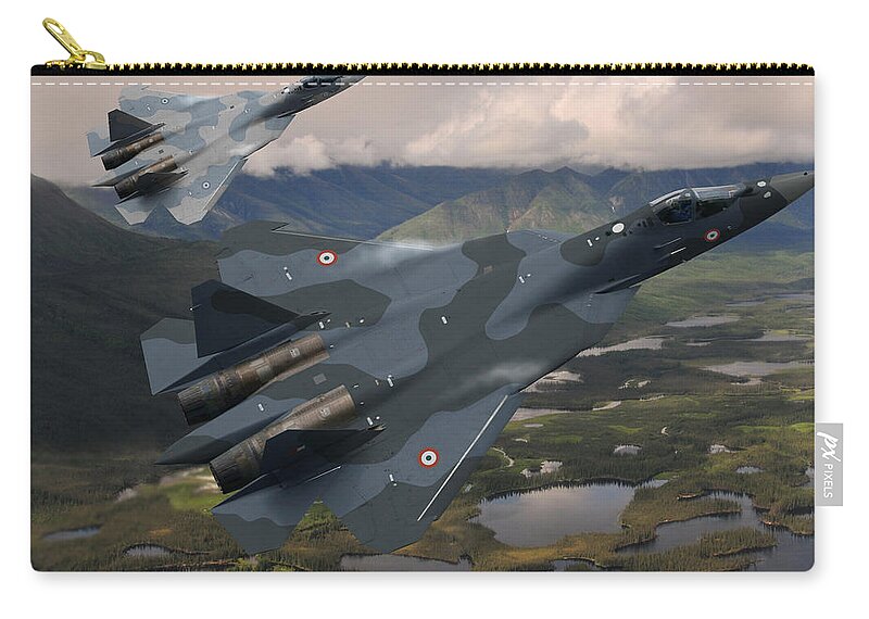 Sukhoi Zip Pouch featuring the digital art Indian Air Force Sukhoi Su-57 Pak Fa by Custom Aviation Art