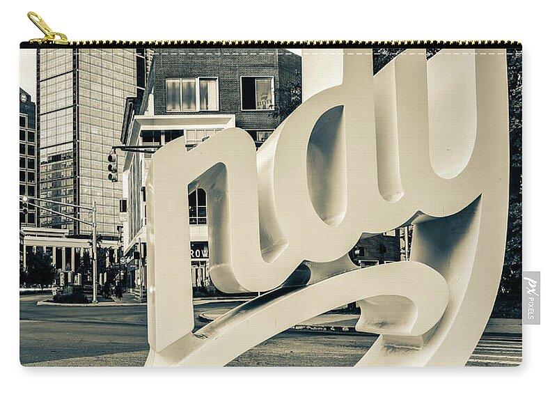 Indianapolis Skyline Zip Pouch featuring the photograph Indianapolis Script Sign - Sepia Edition by Gregory Ballos