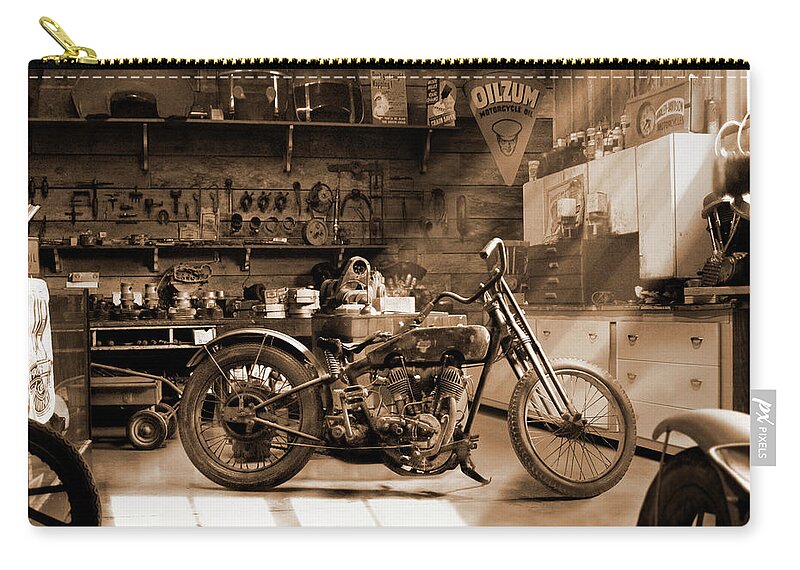 Motorcycle Zip Pouch featuring the photograph Inside the Old Motorcycle Shop 2 E S by Mike McGlothlen