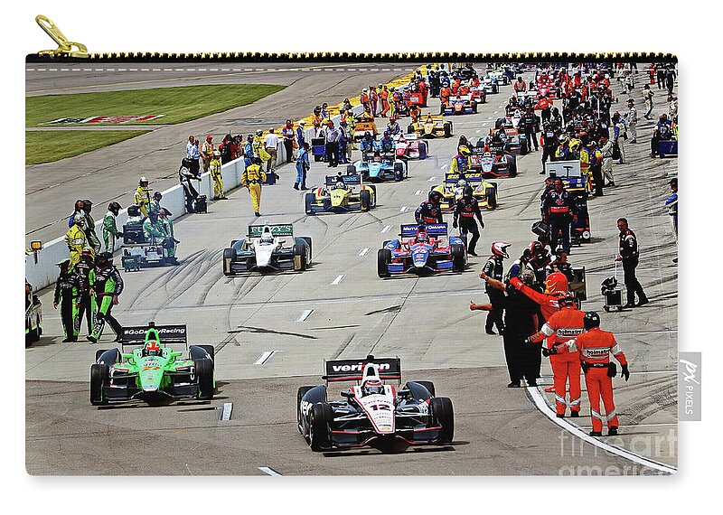 Indycar Zip Pouch featuring the photograph Cars leave the pits, Iowa Corn 250 Iowa Speedway 2013 by Pete Klinger