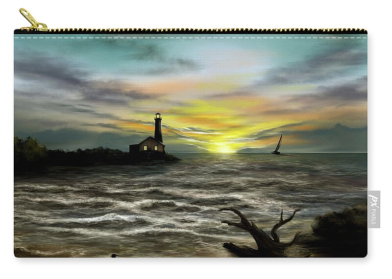 Illustration Carry-all Pouch featuring the digital art IPad Painting - Lighthouse Sunset by Ron Grafe