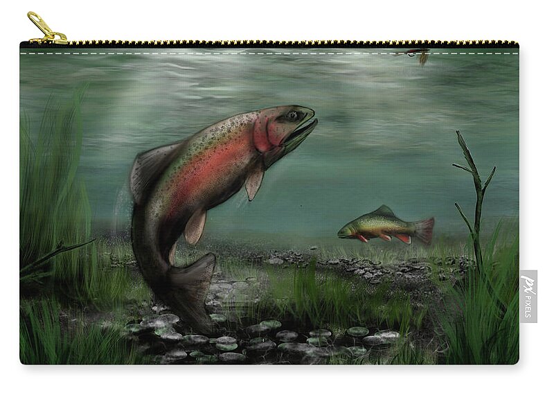 Illustration Carry-all Pouch featuring the digital art IPad Painting - Trout Attacking Fly by Ron Grafe