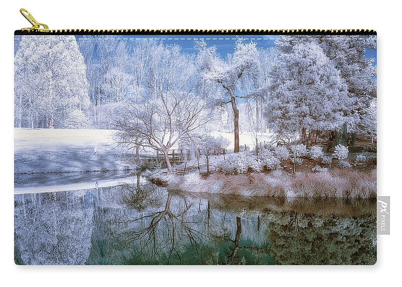 Infrared Zip Pouch featuring the photograph IR reflections in a park - faux color by Izet Kapetanovic