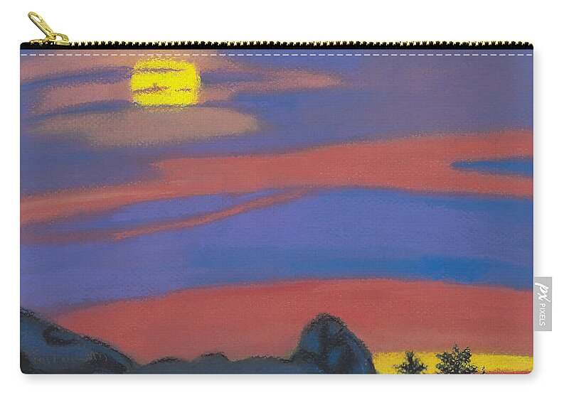 Sun Zip Pouch featuring the pastel Iridescent Beauty Abstract Pastel Drawing of Mountains beneath a Sunset by Ali Baucom