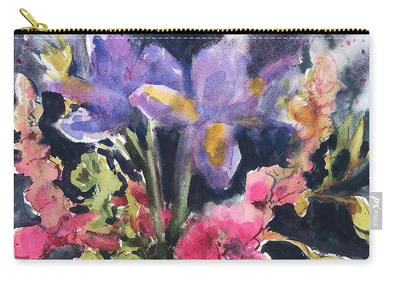 Floral Zip Pouch featuring the painting Iris and Sweet Pea by Judith Levins