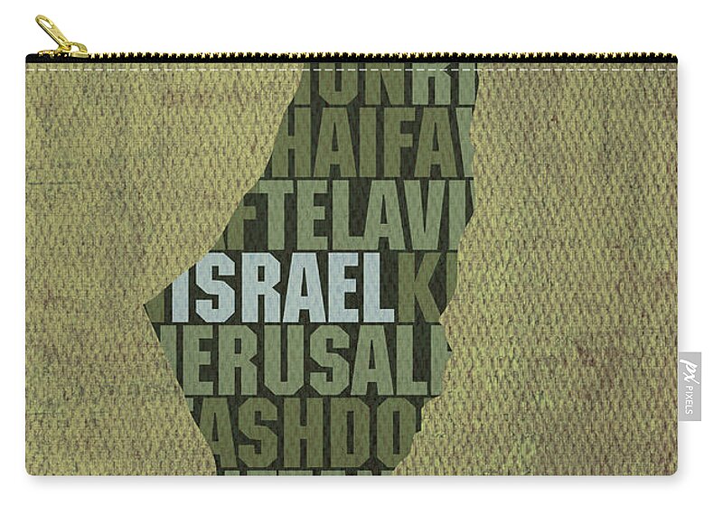 Israel Zip Pouch featuring the mixed media Israel Country Word Map Typography On Distressed Canvas by Design Turnpike
