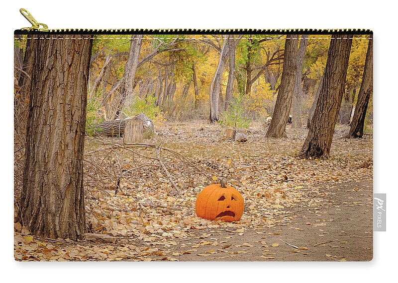 Halloween Zip Pouch featuring the photograph Jack Pumpkin Head of the Woods by Mary Lee Dereske