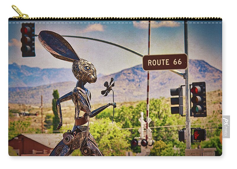 Route 66 Carry-all Pouch featuring the photograph Jack rabbit art in Kingman Arizona, on Route 66 by Tatiana Travelways