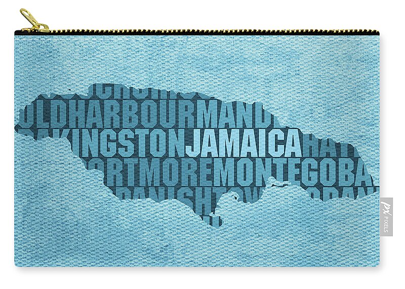 Jamaica Zip Pouch featuring the mixed media Jamaica Country Word Map Typography On Distressed Canvas by Design Turnpike