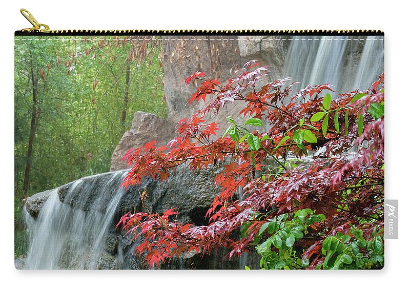 Japanese Zip Pouch featuring the photograph Japanese Garden Waterfall Albuquerque by Mary Lee Dereske