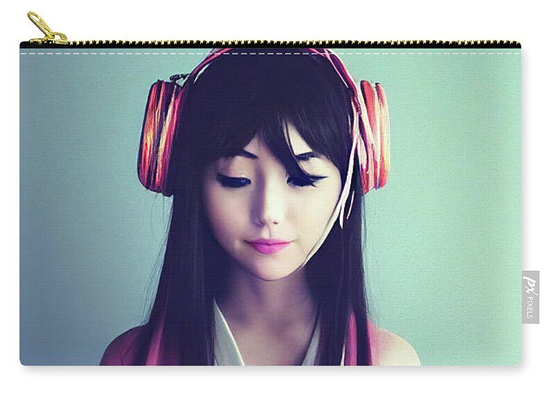 Woman Zip Pouch featuring the digital art Japanese Girl wearing Headphones by Matthias Hauser