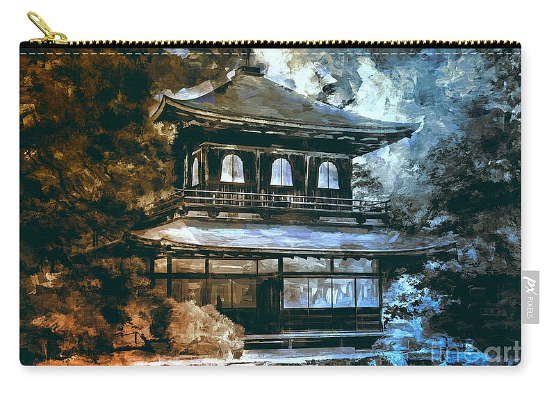 Japanese Zip Pouch featuring the digital art Japanese style cottage. by Andrzej Szczerski