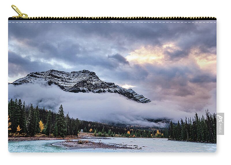 Cloud Zip Pouch featuring the photograph Jasper Mountain In The Clouds by Carl Marceau