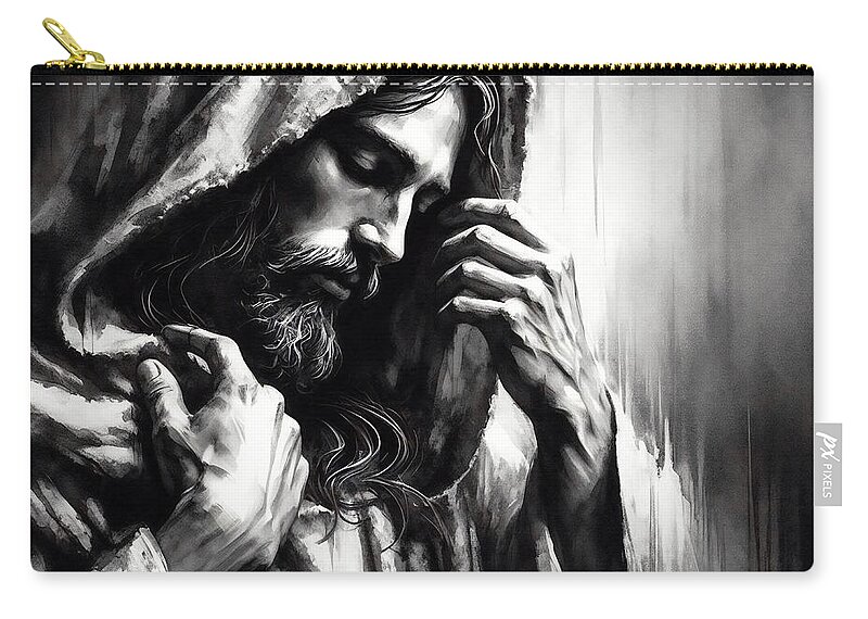 Monochrome Zip Pouch featuring the photograph Jesus Black and White XXVI by Munir Alawi