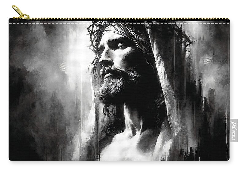 Jesus Zip Pouch featuring the photograph Jesus Black and White XXXIV by Munir Alawi