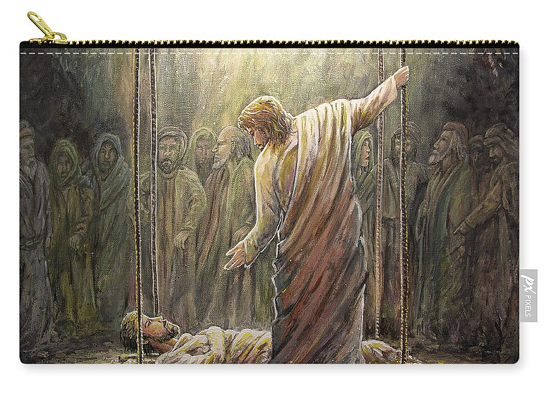 Jesus Carry-all Pouch featuring the painting Jesus Heals a Paralyzed Man by Aaron Spong