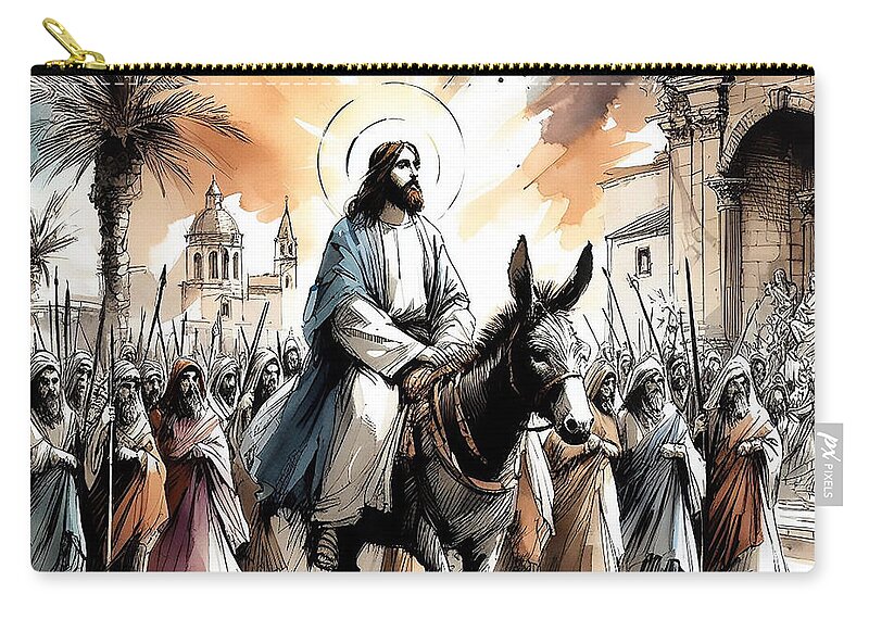 Triumphal Zip Pouch featuring the pyrography Jesus Triumphal Entry into Jerusalem I by Charlie Roman