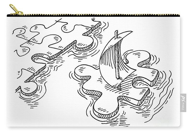 Sketch Zip Pouch featuring the drawing Jigsaw Piece Sailing Into Harbor Right Place Drawing by Frank Ramspott