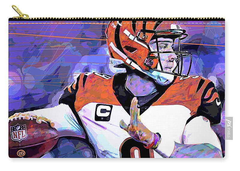 Football Zip Pouch featuring the painting Joe Burrow Qb Bengals by David Lloyd Glover