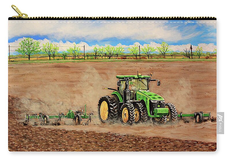 Farming Zip Pouch featuring the painting John Deere 8345R Tractor Pulling a Cultivator by Karl Wagner