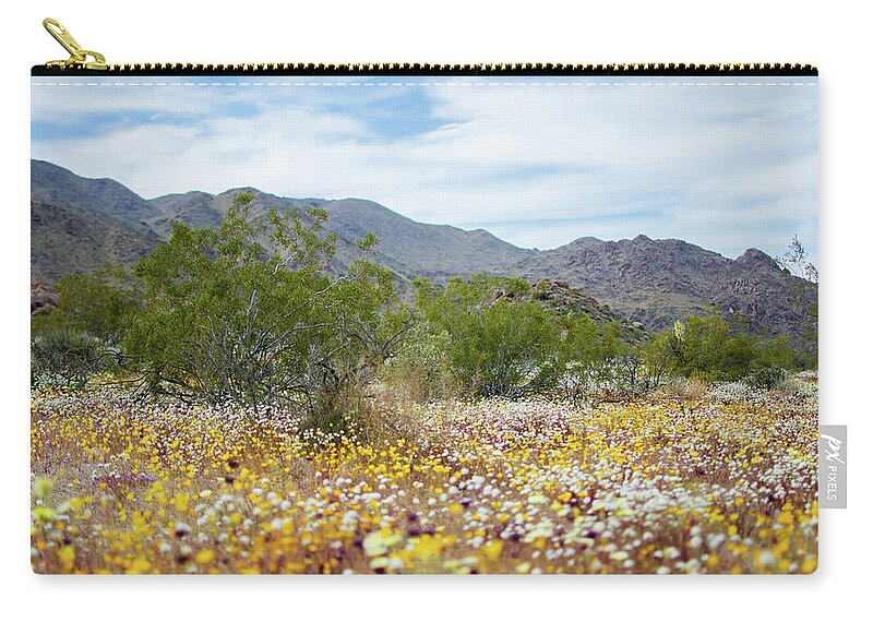 Gold Poppy Zip Pouch featuring the photograph Joshua Tree Desert Wildflowers by Kyle Hanson
