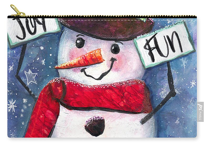 Snowman Carry-all Pouch featuring the mixed media Joyful and Fun Snowman by Francine Dufour Jones