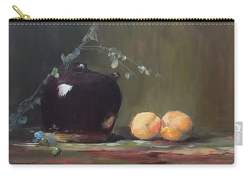 Acrylic Paintings Zip Pouch featuring the painting Jug with peaches by Laurie Samara-Schlageter