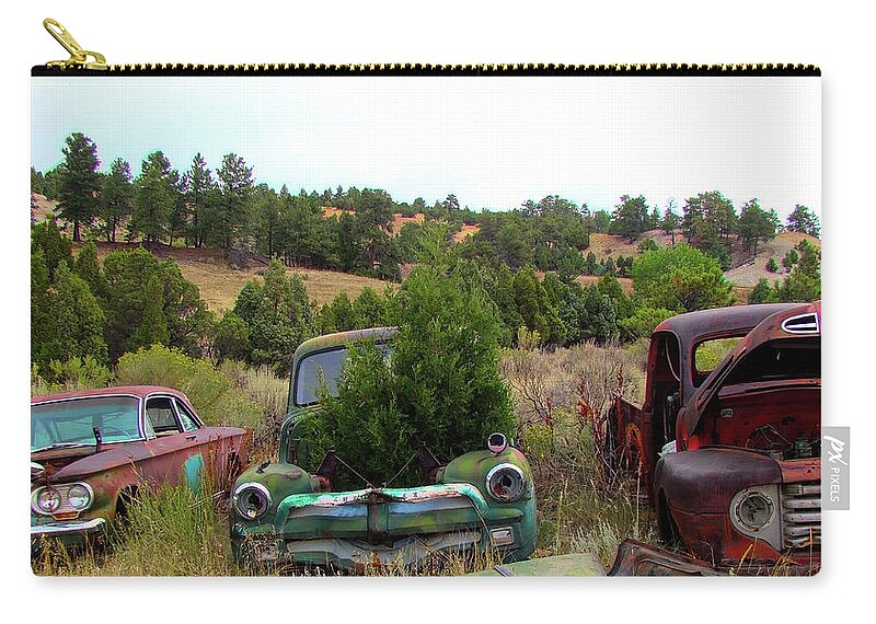 Old Rusty Pickups Zip Pouch featuring the photograph Junkyard Series Rusty Pickups by Cathy Anderson