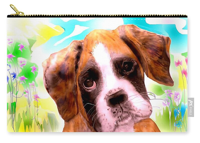 Pencil Sketched Boxer Puppy Resting After A Romp In The Meadow. Carry-all Pouch featuring the mixed media Just another Blossom. by Pamela Calhoun