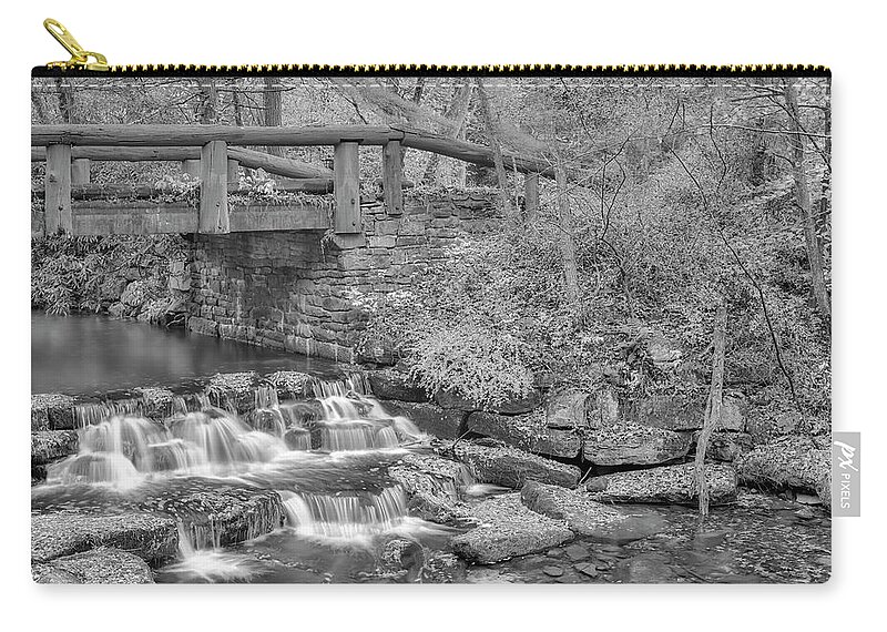 Waterfall Zip Pouch featuring the photograph Just Water Under The Bridge BW by Susan Candelario