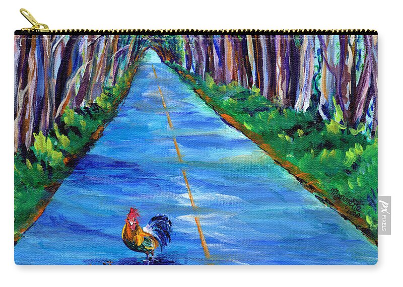 Kauai Tree Tunnel Zip Pouch featuring the painting Kauai Tree Tunnel with Rooster by Marionette Taboniar