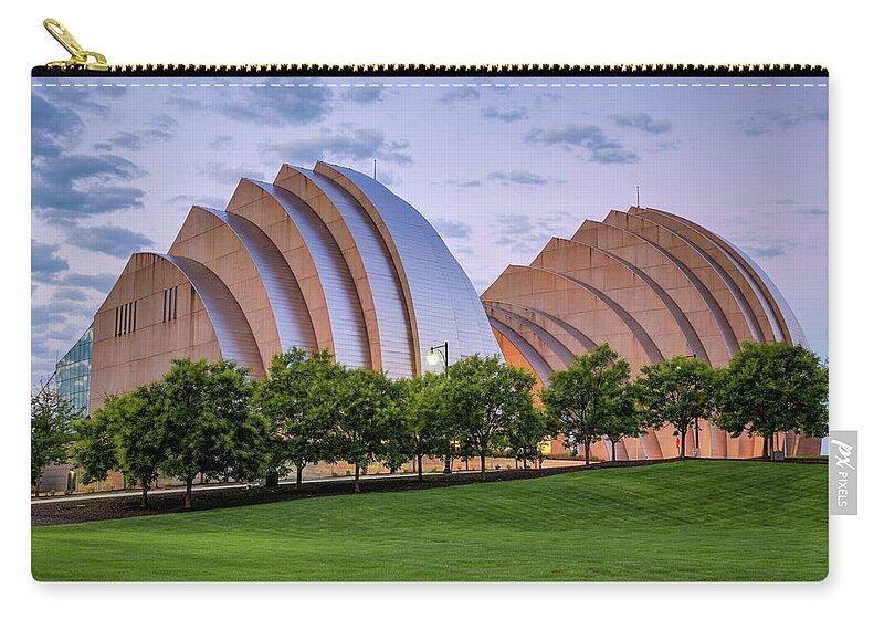 America Zip Pouch featuring the photograph Kauffman Center at Dawn - Downtown Kansas City Missouri by Gregory Ballos