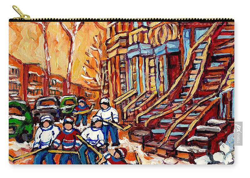 Montreal Zip Pouch featuring the painting Kids Street Hockey Art Montreal Winter Scenes Colorful Winding Staircases C Spandau Canadian Artist by Carole Spandau