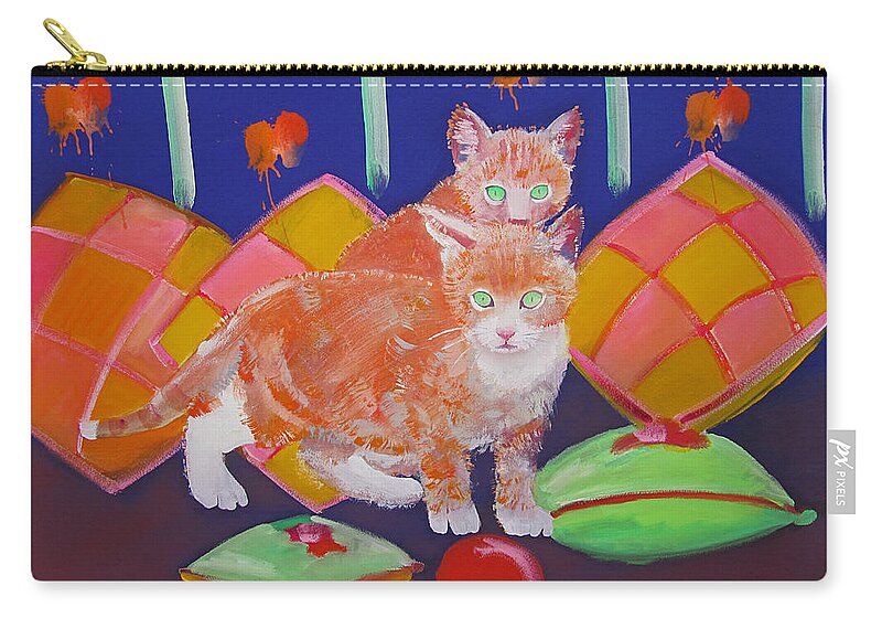 Kittens Zip Pouch featuring the painting Kittens With Wild Cushions by Charles Stuart