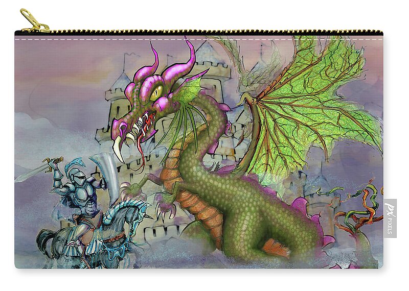 Knight Carry-all Pouch featuring the digital art Knight n Dragon n Castle by Kevin Middleton