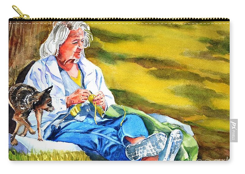 Woman Zip Pouch featuring the painting Knitting in the sun by Betty M M Wong