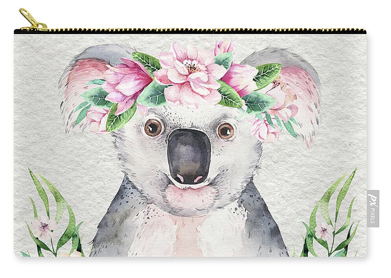 Koala Carry-all Pouch featuring the painting Koala With Flowers by Nursery Art