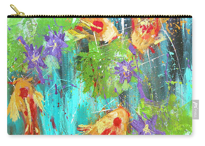 Koi Zip Pouch featuring the painting Koi Fish with Lily pad and purple Lotus Flowers by Joanne Herrmann