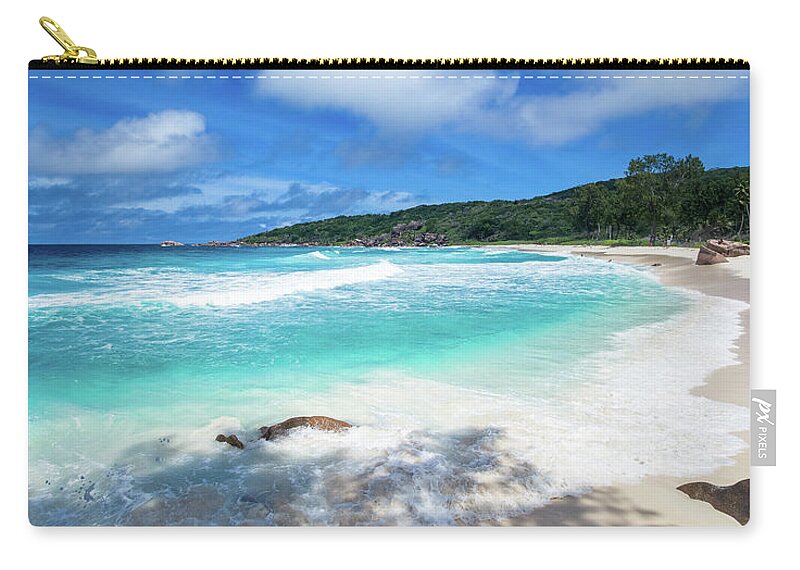 Background Zip Pouch featuring the photograph La Digue Island, Seychelles by Jean-Luc Farges