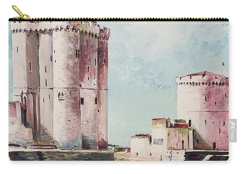 Landscape Zip Pouch featuring the painting La Rochelle Towers by Merana Cadorette