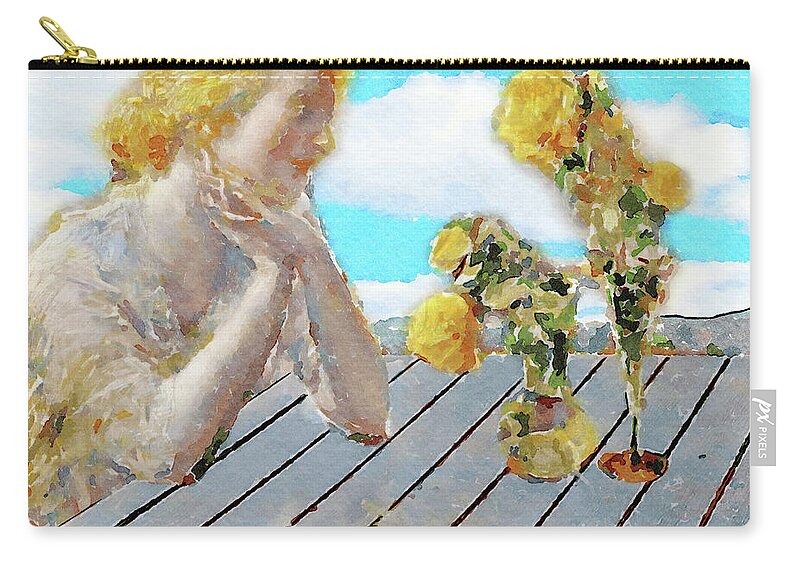 Watercolor Zip Pouch featuring the digital art Lady Admiring Roses by Shelli Fitzpatrick