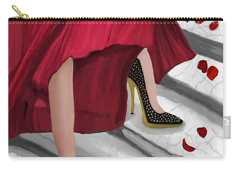 Romantic Art Zip Pouch featuring the mixed media Lady in Red by Lorie Fossa