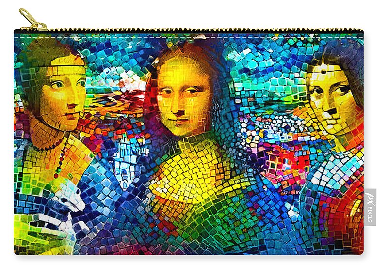 Lady With An Ermine Zip Pouch featuring the digital art Lady with an Ermine, Mona Lisa, and La Belle Ferronniere - colorful mosaic by Nicko Prints