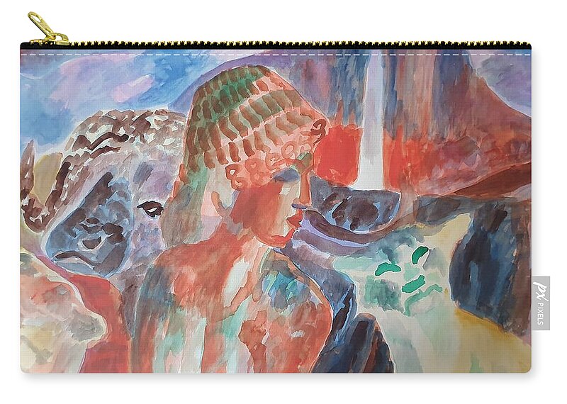 Classical Greek Sculpture Zip Pouch featuring the painting Lady with Wildlife by Enrico Garff