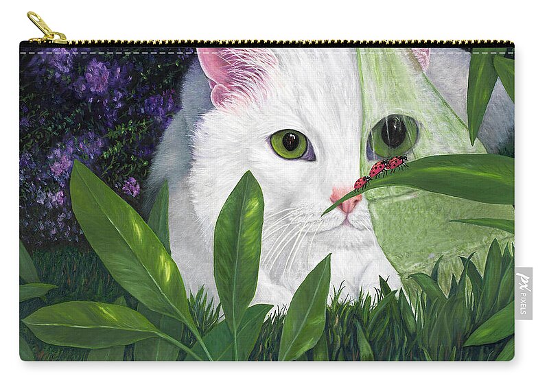 White Cat Art Zip Pouch featuring the painting Ladybugs and Cat by Karen Zuk Rosenblatt